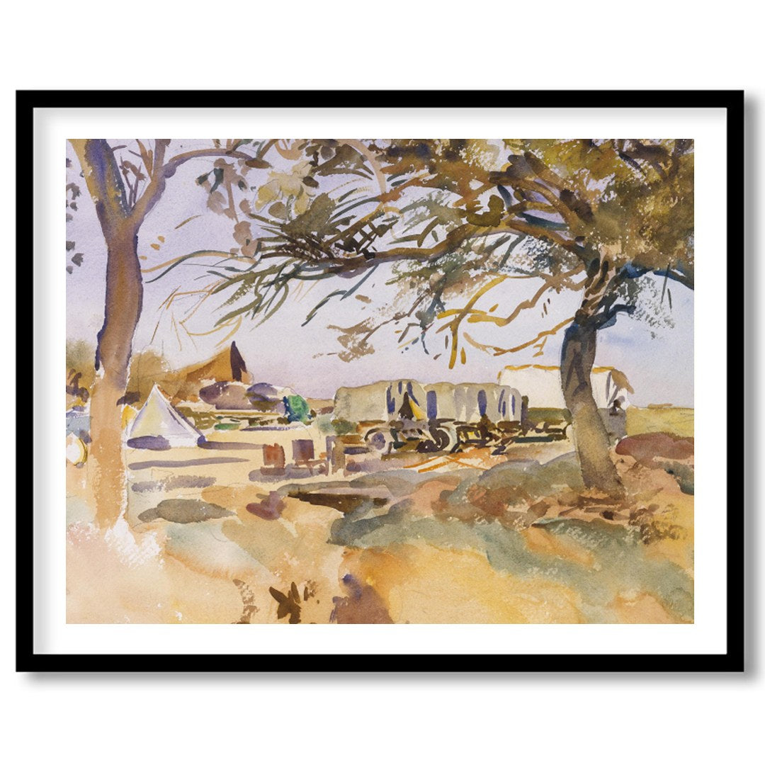 Experience the tranquility of a pastoral scene with this exquisite piece featuring a campsite for office