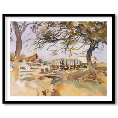 Experience the tranquility of a pastoral scene with this exquisite piece featuring a campsite for office