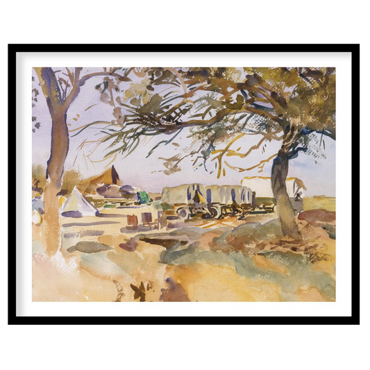 Experience the tranquility of a pastoral scene with this exquisite piece featuring a campsite for office
