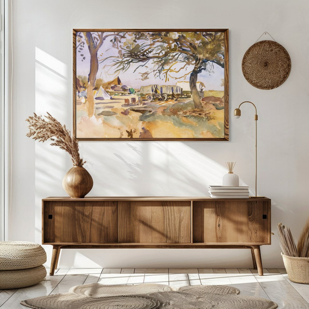 Experience the tranquility of a pastoral scene with this exquisite piece featuring a campsite for Sitting Area
