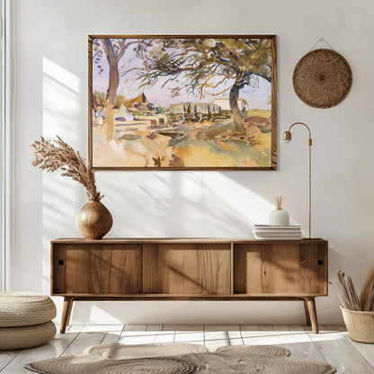 Experience the tranquility of a pastoral scene with this exquisite piece featuring a campsite for Sitting Area