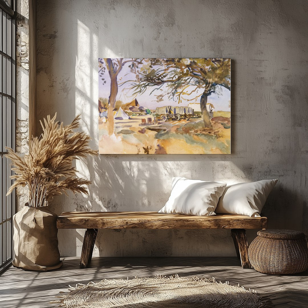 Experience the tranquility of a pastoral scene with this exquisite piece featuring a campsite for Veranda