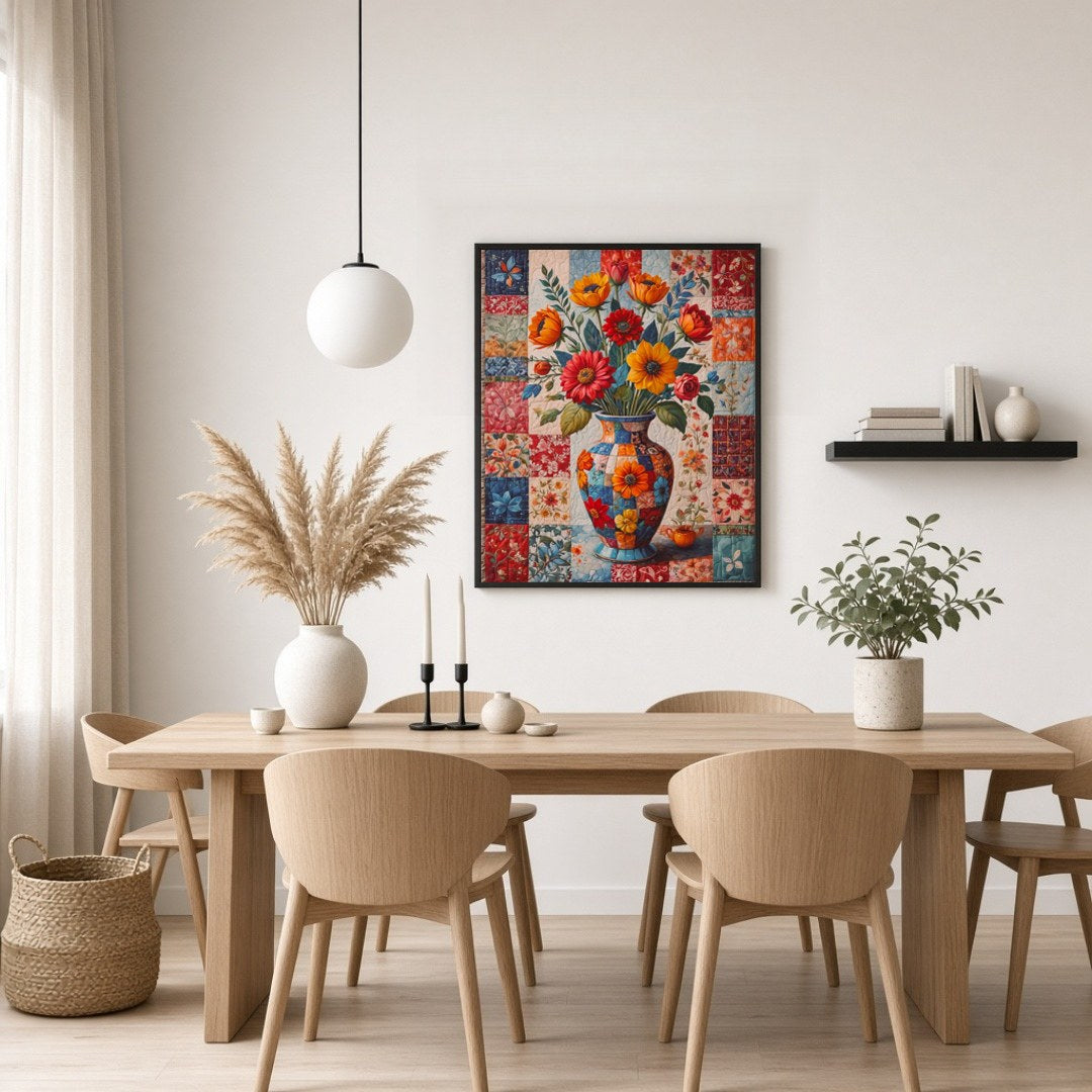 This captivating artwork features a dazzling bouquet of flowers captured in a beautifully ornate for Dining