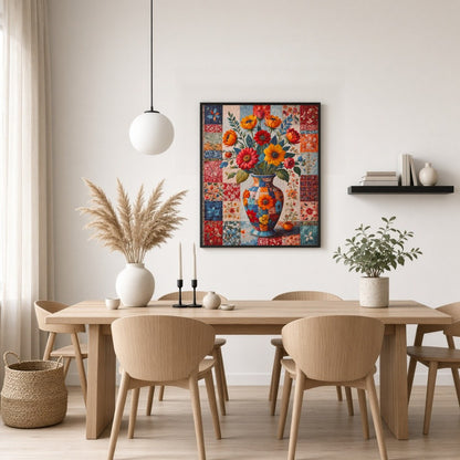 This captivating artwork features a dazzling bouquet of flowers captured in a beautifully ornate for Dining