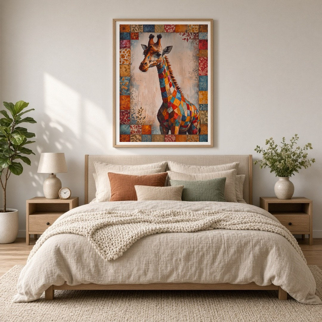 Immerse yourself in the vibrant mosaic of colors in this captivating artwork of a majestic giraffe, for Bedroom