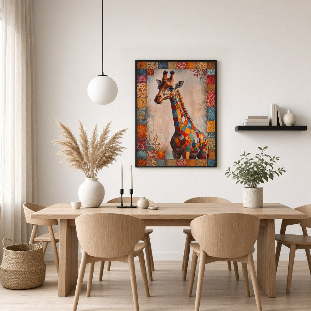 Immerse yourself in the vibrant mosaic of colors in this captivating artwork of a majestic giraffe, for Dining