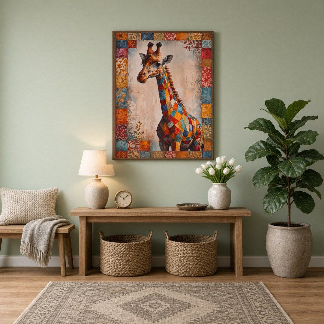 Immerse yourself in the vibrant mosaic of colors in this captivating artwork of a majestic giraffe, for Entrance