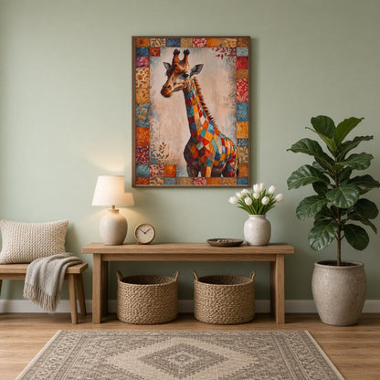 Immerse yourself in the vibrant mosaic of colors in this captivating artwork of a majestic giraffe, for Entrance