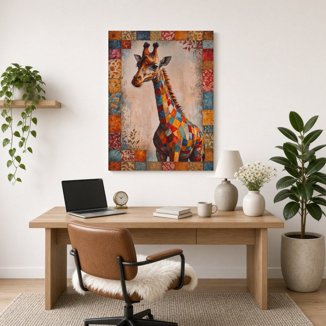 Immerse yourself in the vibrant mosaic of colors in this captivating artwork of a majestic giraffe, for Home Office