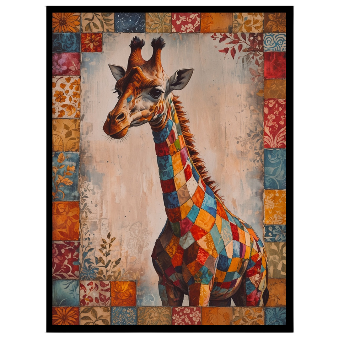 Immerse yourself in the vibrant mosaic of colors in this captivating artwork of a majestic giraffe, for kitchen