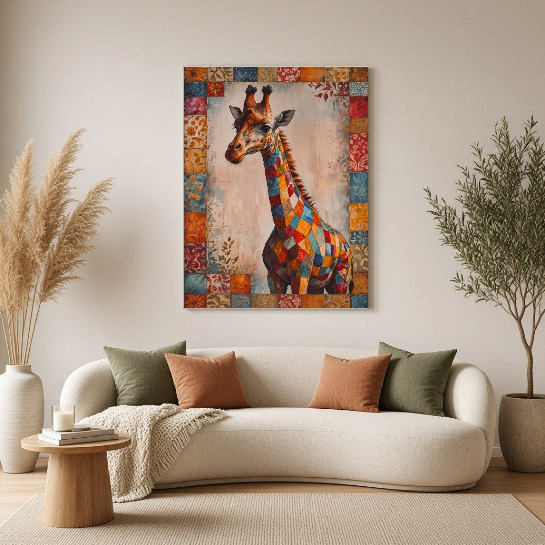Immerse yourself in the vibrant mosaic of colors in this captivating artwork of a majestic giraffe, for Living Room