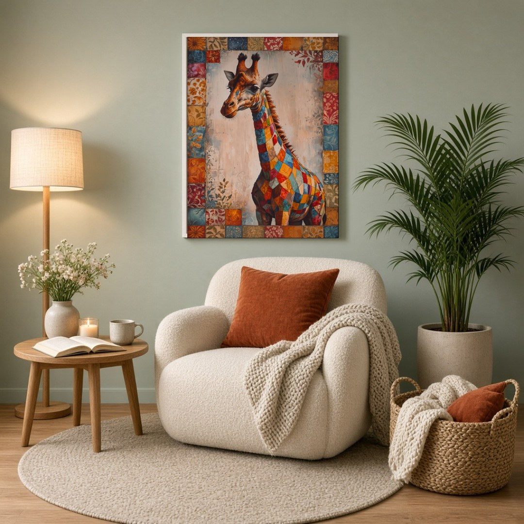 Immerse yourself in the vibrant mosaic of colors in this captivating artwork of a majestic giraffe, for Reading Nook