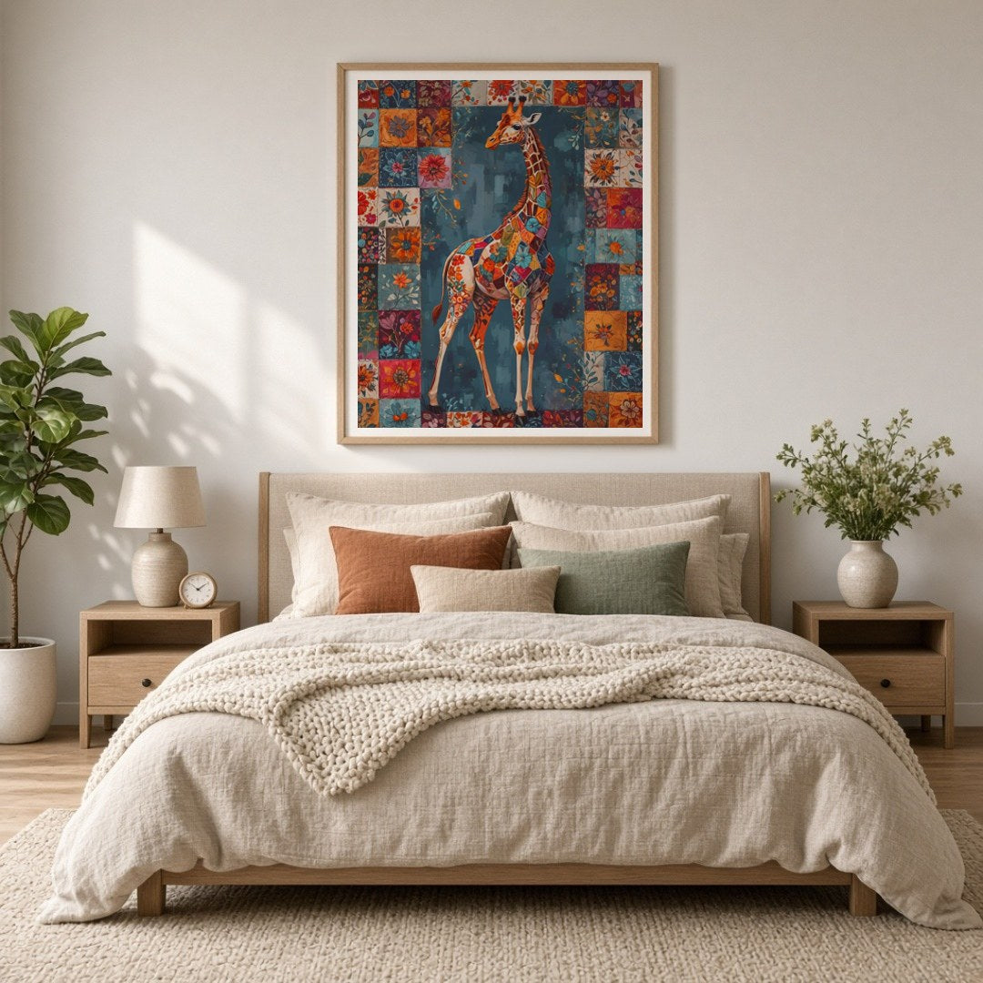 Discover the enchanting beauty of a giraffe adorned in a vivid patchwork of floral motifs, set for Bedroom