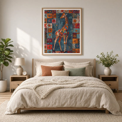 Discover the enchanting beauty of a giraffe adorned in a vivid patchwork of floral motifs, set for Bedroom