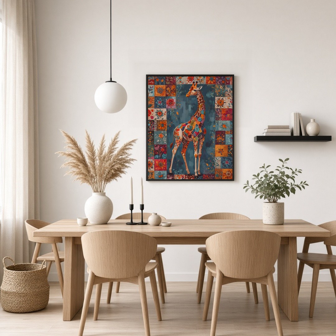 Discover the enchanting beauty of a giraffe adorned in a vivid patchwork of floral motifs, set for Dining