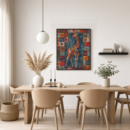Discover the enchanting beauty of a giraffe adorned in a vivid patchwork of floral motifs, set for Dining