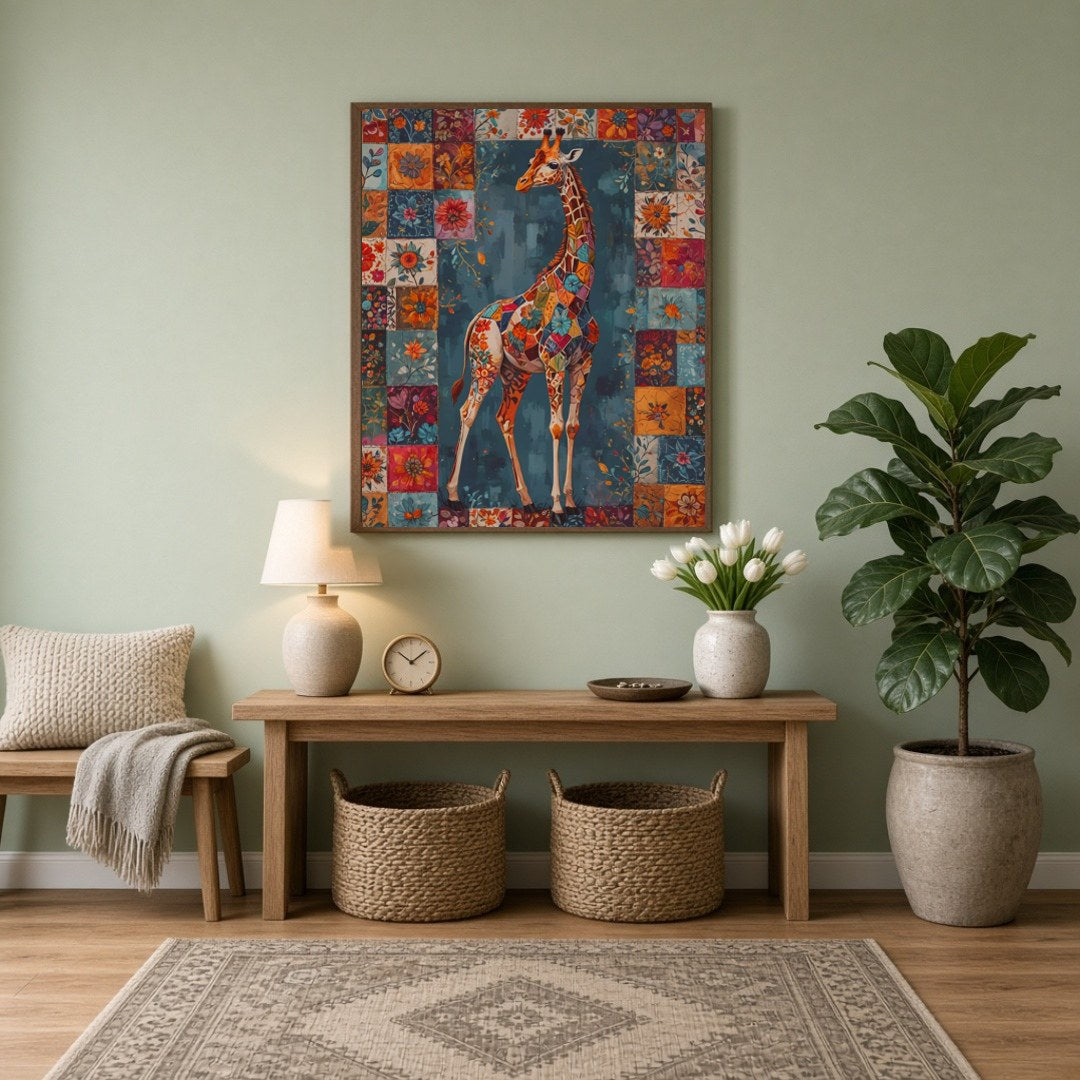 Discover the enchanting beauty of a giraffe adorned in a vivid patchwork of floral motifs, set for Entrance