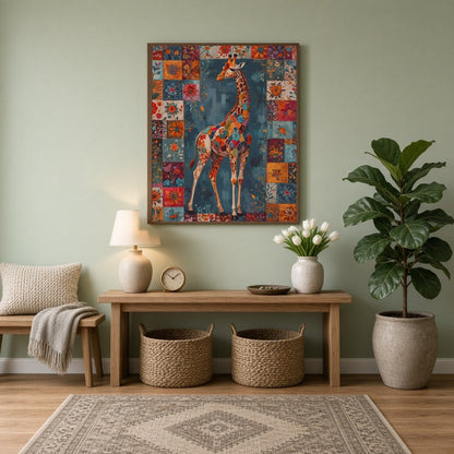 Discover the enchanting beauty of a giraffe adorned in a vivid patchwork of floral motifs, set for Entrance