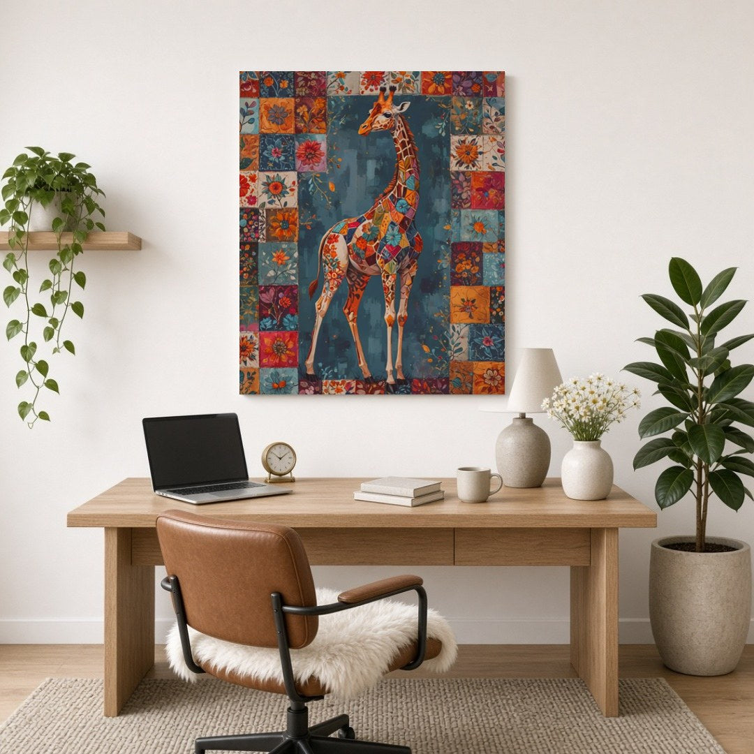 Discover the enchanting beauty of a giraffe adorned in a vivid patchwork of floral motifs, set for Home Office