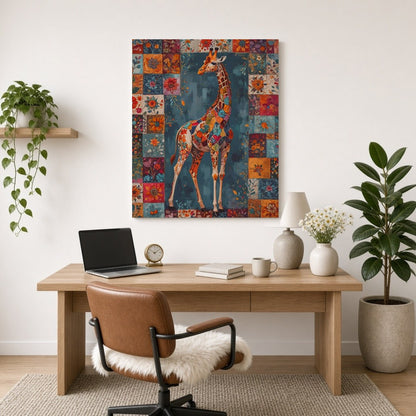 Discover the enchanting beauty of a giraffe adorned in a vivid patchwork of floral motifs, set for Home Office