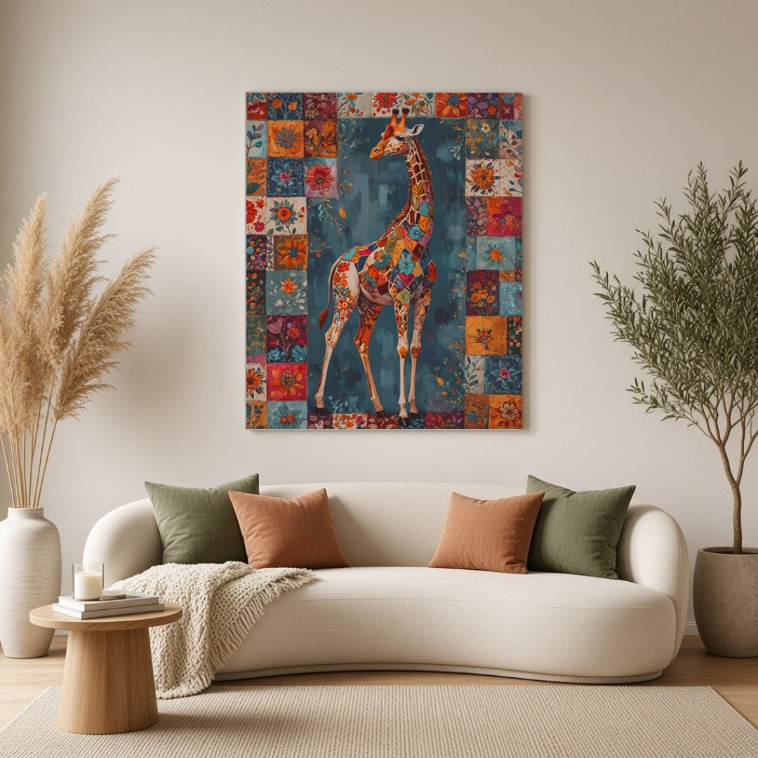 Discover the enchanting beauty of a giraffe adorned in a vivid patchwork of floral motifs, set for Living Room