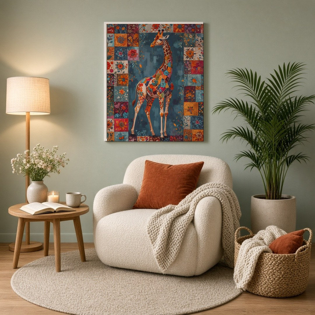 Discover the enchanting beauty of a giraffe adorned in a vivid patchwork of floral motifs, set for Reading Nook