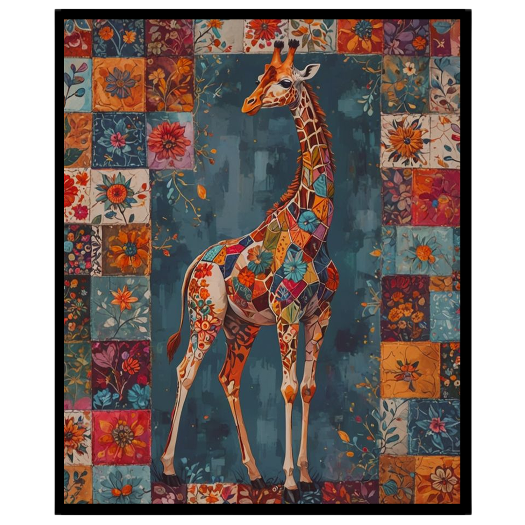 Discover the enchanting beauty of a giraffe adorned in a vivid patchwork of floral motifs, set for sanctuary