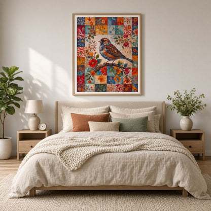 This enchanting artwork features a majestic songbird perched gracefully on a branch, set against a for Bedroom
