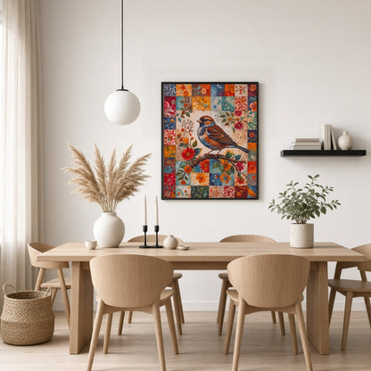 This enchanting artwork features a majestic songbird perched gracefully on a branch, set against a for Dining