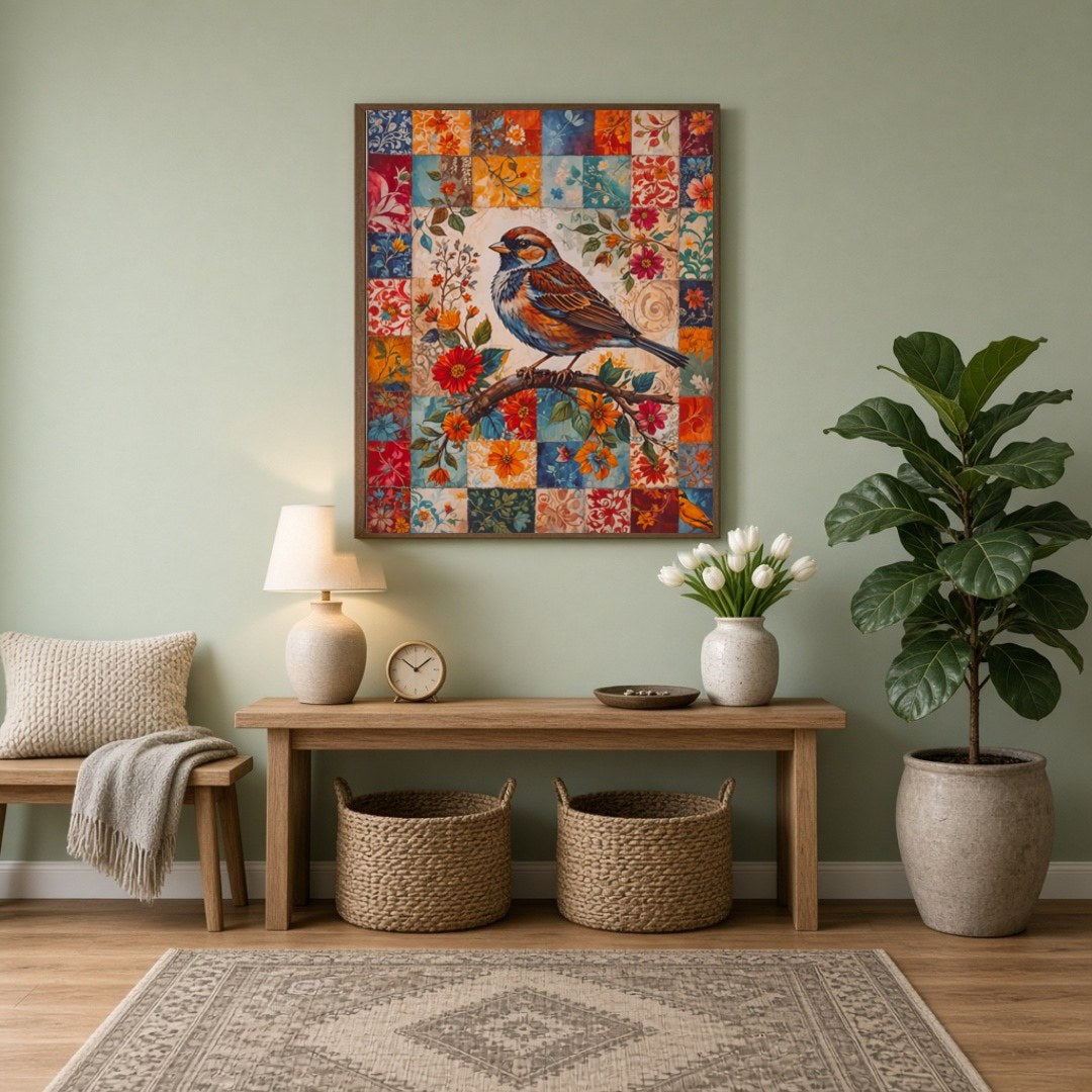 This enchanting artwork features a majestic songbird perched gracefully on a branch, set against a for Entrance
