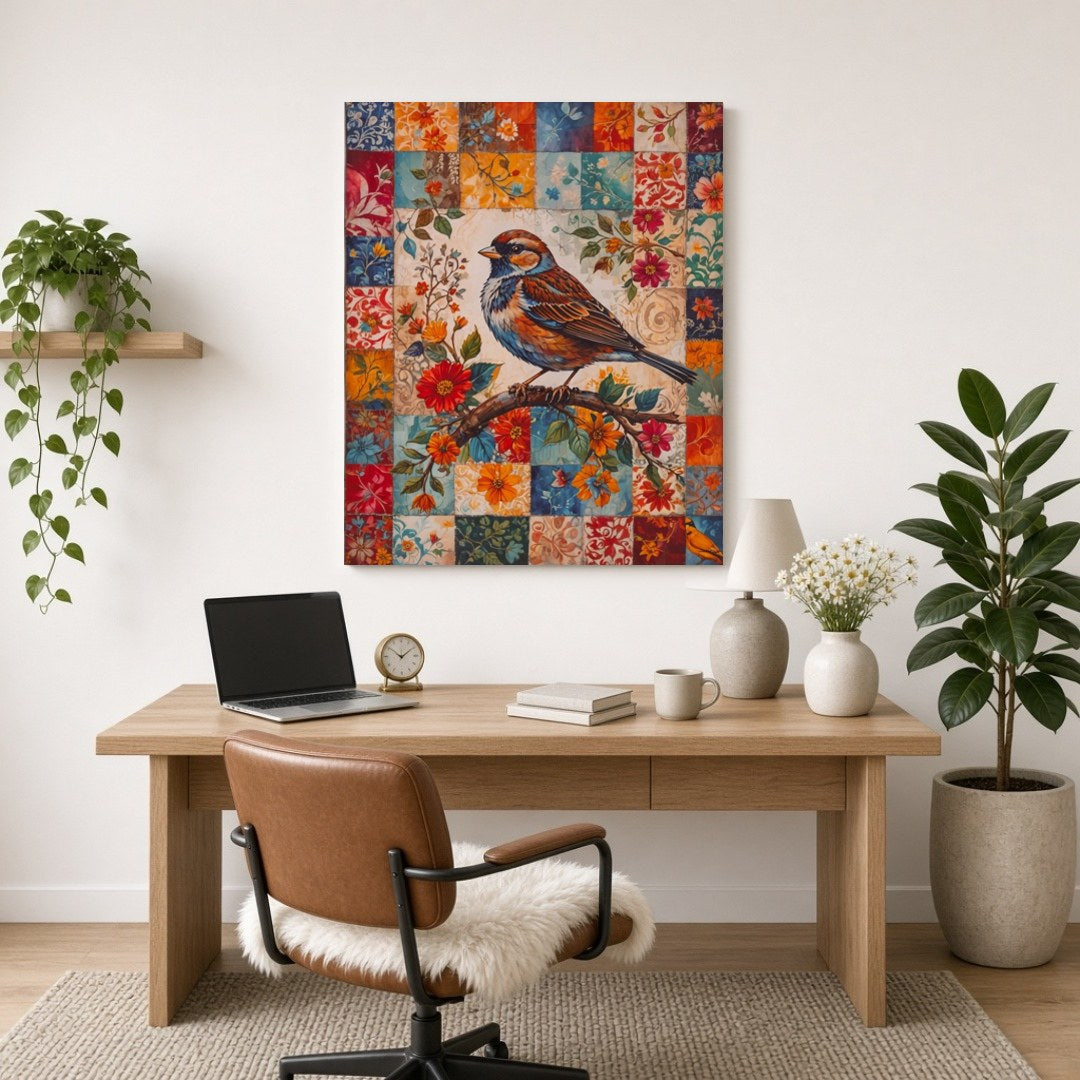 This enchanting artwork features a majestic songbird perched gracefully on a branch, set against a for Home Office