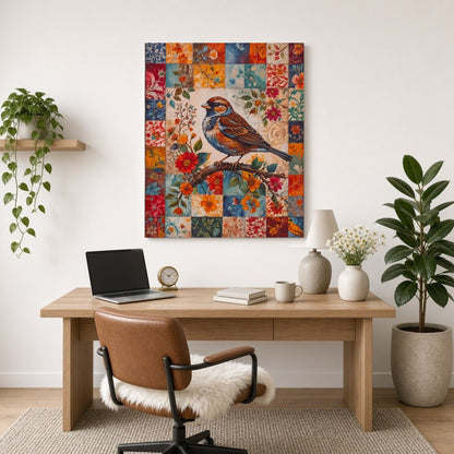 This enchanting artwork features a majestic songbird perched gracefully on a branch, set against a for Home Office