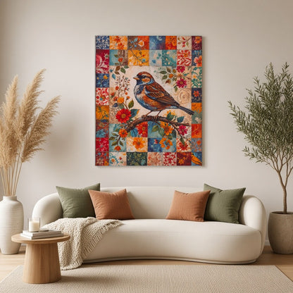 This enchanting artwork features a majestic songbird perched gracefully on a branch, set against a for Living Room