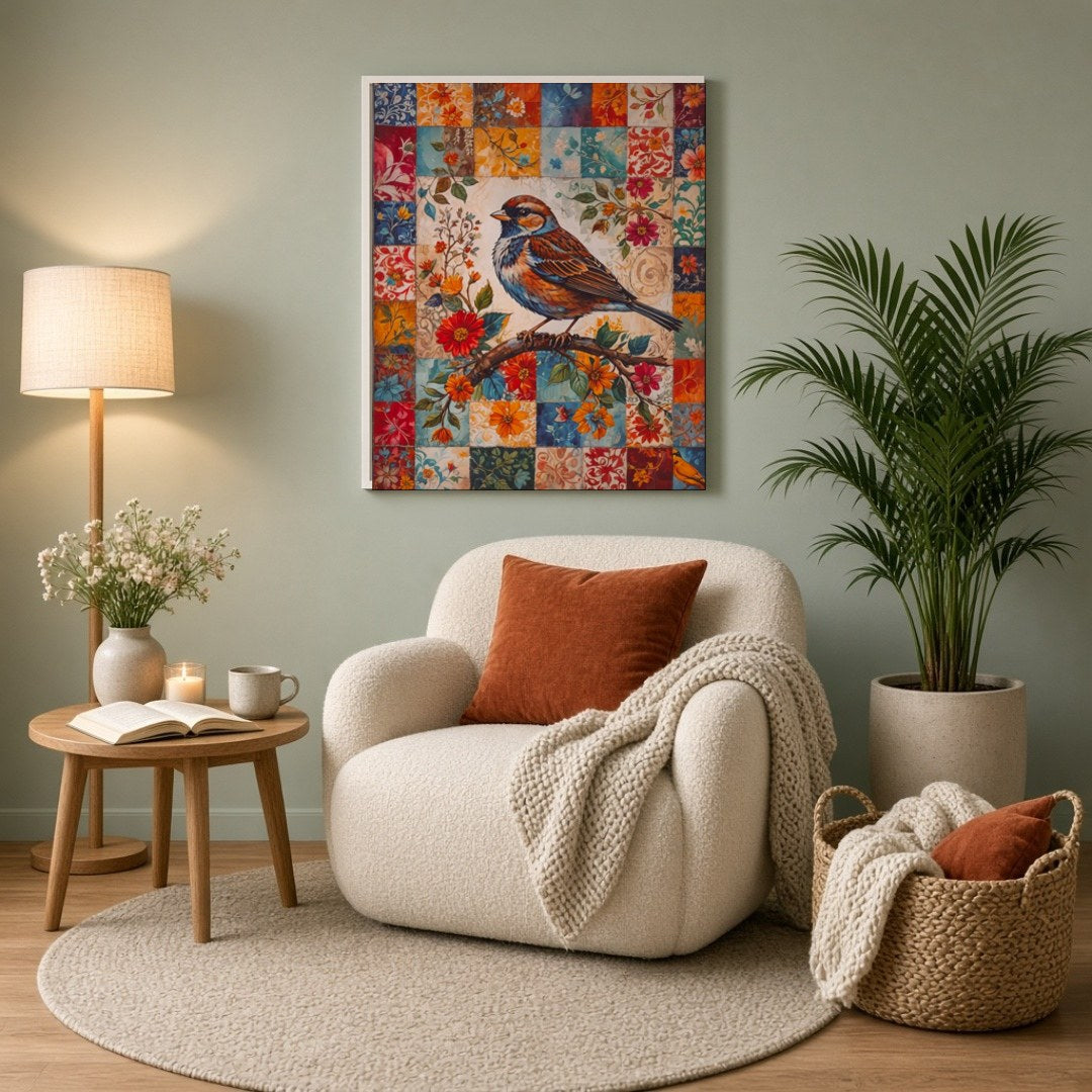 This enchanting artwork features a majestic songbird perched gracefully on a branch, set against a for Reading Nook