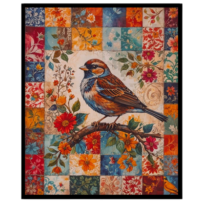 This enchanting artwork features a majestic songbird perched gracefully on a branch, set against a for sanctuary