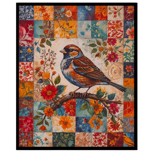 This enchanting artwork features a majestic songbird perched gracefully on a branch, set against a for sanctuary