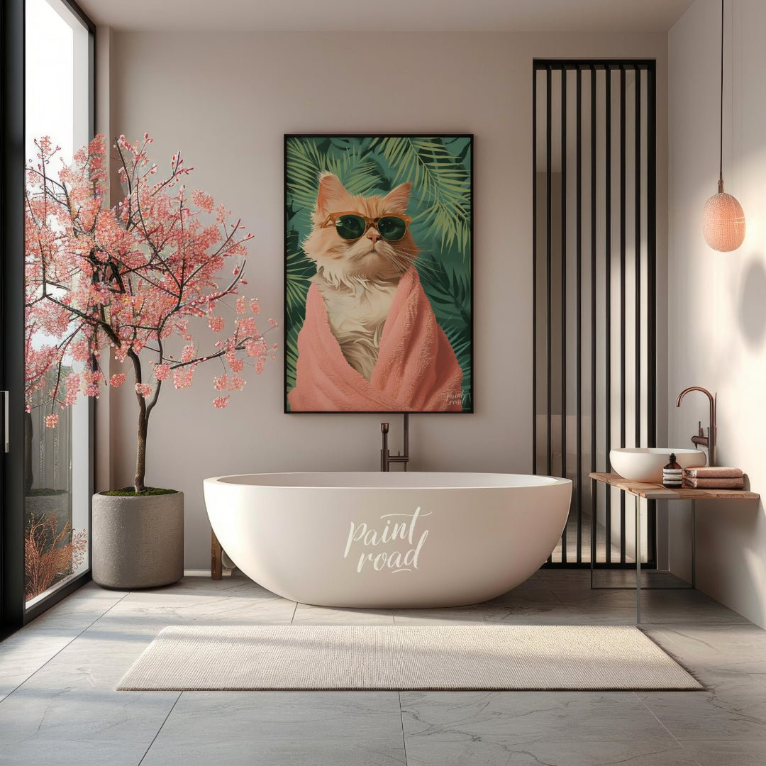 Paws & Paradise captures the ultimate feline chill moment — a glamorous cat wrapped in a fluffy pin… for bathroom