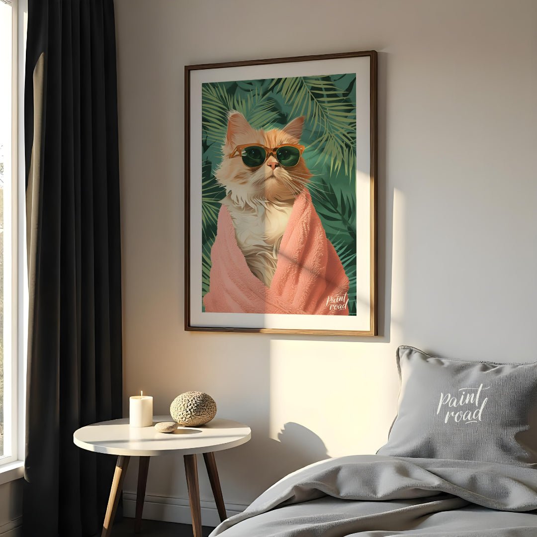 Paws & Paradise captures the ultimate feline chill moment — a glamorous cat wrapped in a fluffy pin… for bedroom