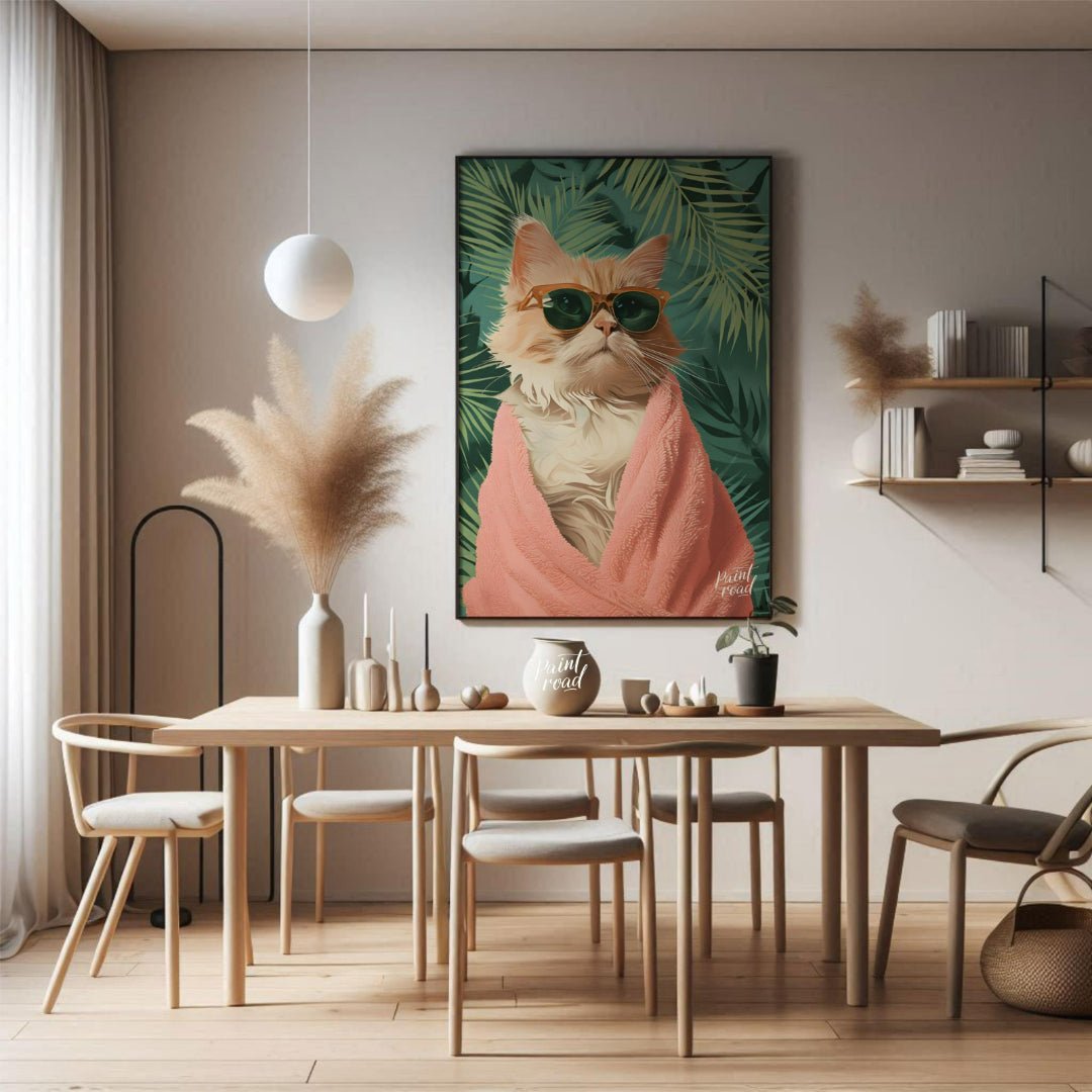 Paws & Paradise captures the ultimate feline chill moment — a glamorous cat wrapped in a fluffy pin… for dining room