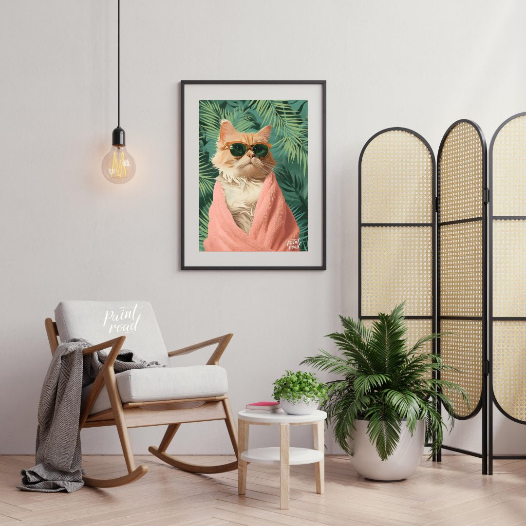 Paws & Paradise captures the ultimate feline chill moment — a glamorous cat wrapped in a fluffy pin… for living room