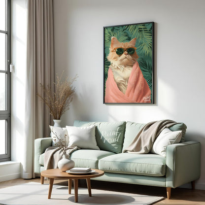 Paws & Paradise captures the ultimate feline chill moment — a glamorous cat wrapped in a fluffy pin… for living room