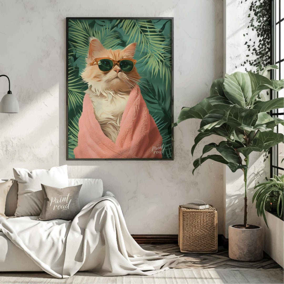 Paws & Paradise captures the ultimate feline chill moment — a glamorous cat wrapped in a fluffy pin… for living room
