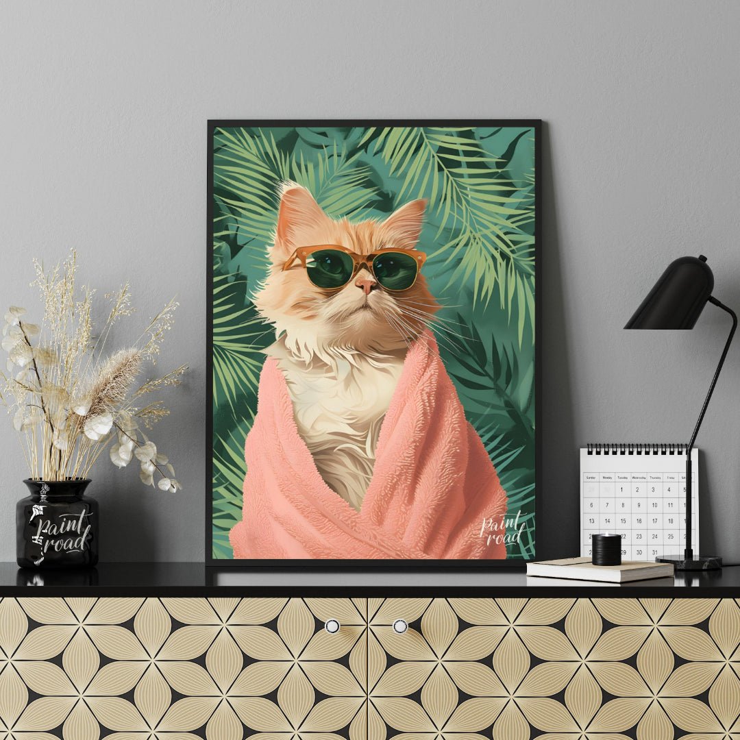 Paws & Paradise captures the ultimate feline chill moment — a glamorous cat wrapped in a fluffy pin… for office