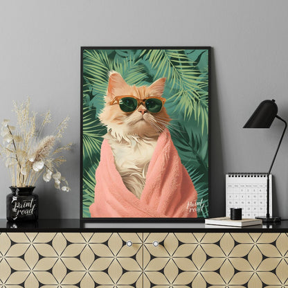 Paws & Paradise captures the ultimate feline chill moment — a glamorous cat wrapped in a fluffy pin… for office