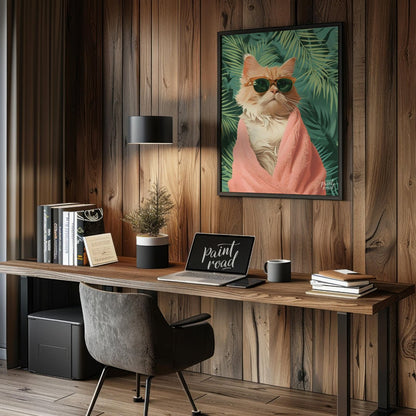 Paws & Paradise captures the ultimate feline chill moment — a glamorous cat wrapped in a fluffy pin… for office
