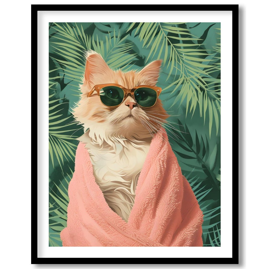 Paws & Paradise captures the ultimate feline chill moment — a glamorous cat wrapped in a fluffy pin… for space