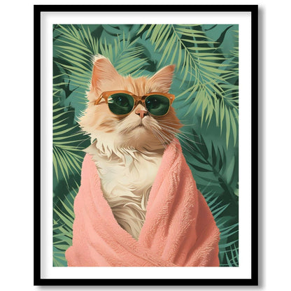 Paws & Paradise captures the ultimate feline chill moment — a glamorous cat wrapped in a fluffy pin… for space