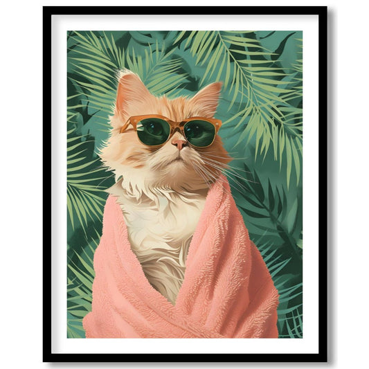 Paws & Paradise captures the ultimate feline chill moment — a glamorous cat wrapped in a fluffy pin… for space