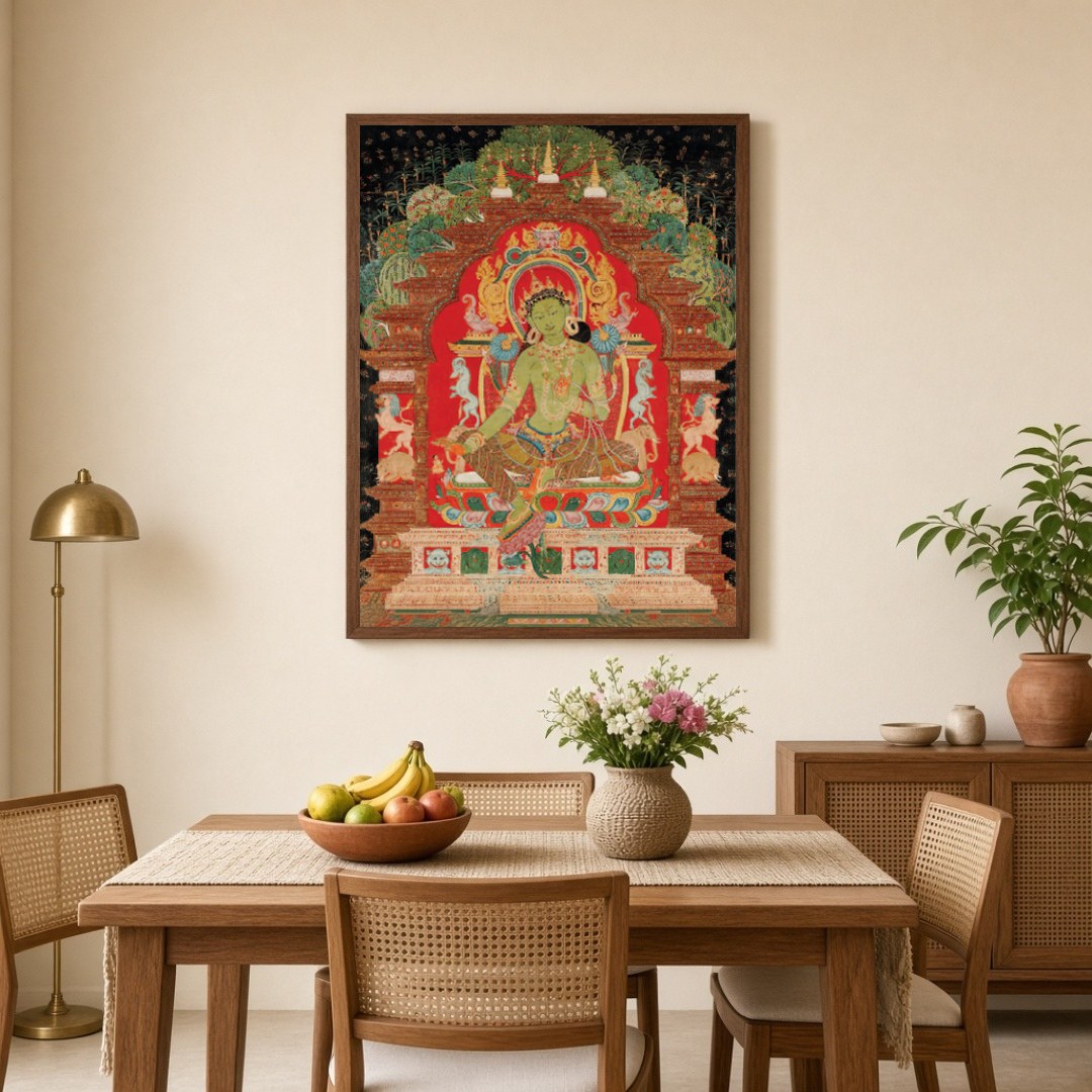 Immerse yourself in serenity with this exquisite Thangka painting featuring Green Tara, the for Dining