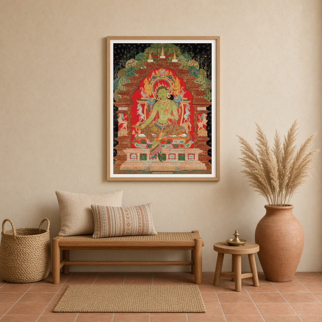 Immerse yourself in serenity with this exquisite Thangka painting featuring Green Tara, the for Entrance